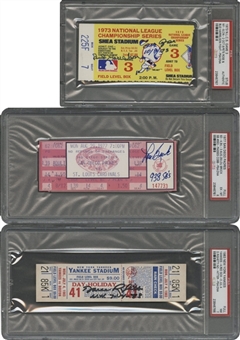 Lot of (3) Historic Ticket Stubs: Pete Rose & Bud Harrelson Signed Fight Stub, Dave Righetti 4th of July No Hitter Full Ticket and Lou Brock Breaks Ty Cobb Record Full Ticket (PSA)